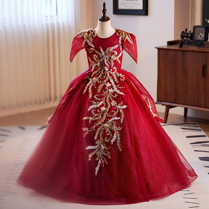 Girls Red Ball Gown Dress - Beaded Sequin Tulle Princess Birthday Party Dress