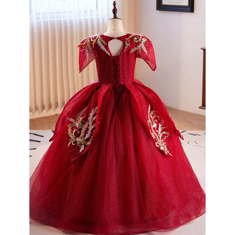 Girls Red Ball Gown Dress - Beaded Sequin Tulle Princess Birthday Party Dress