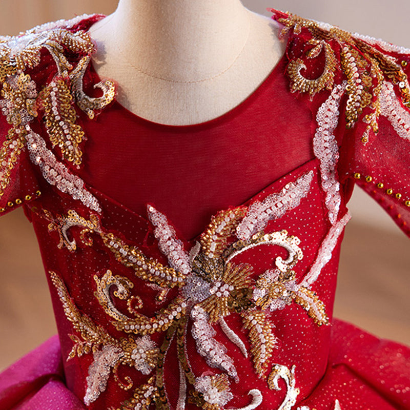 Girls Red Ball Gown Dress - Beaded Sequin Tulle Princess Birthday Party Dress