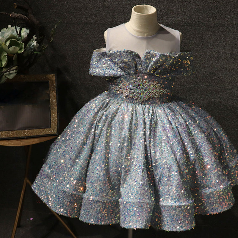 Girls' Sequined Ball Gown – Illusion Neck Sleeveless Knee-Length Dress for Special Occasions