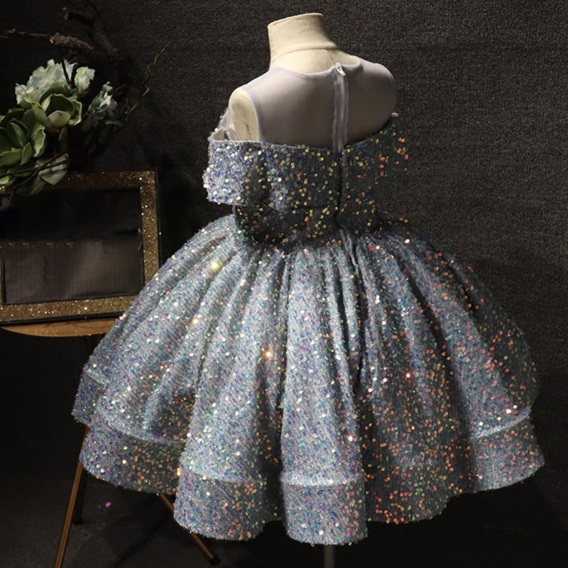 Girls' Sequined Ball Gown – Illusion Neck Sleeveless Knee-Length Dress for Special Occasions