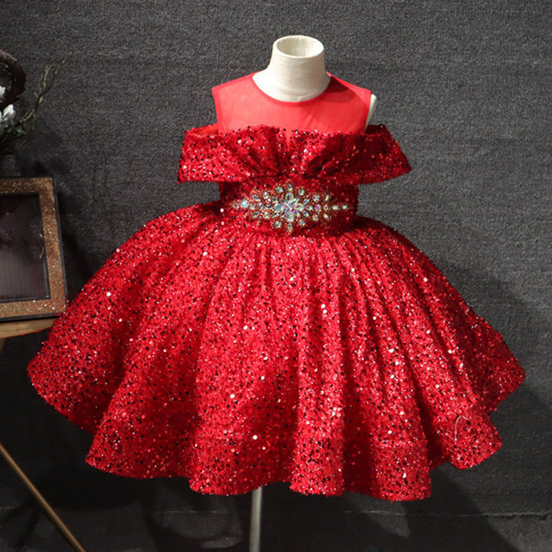 Girls' Sequined Ball Gown – Illusion Neck Sleeveless Knee-Length Dress for Special Occasions
