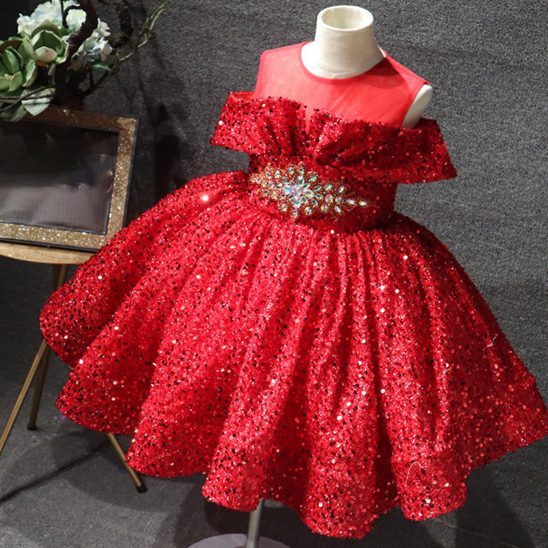 Girls' Sequined Ball Gown – Illusion Neck Sleeveless Knee-Length Dress for Special Occasions