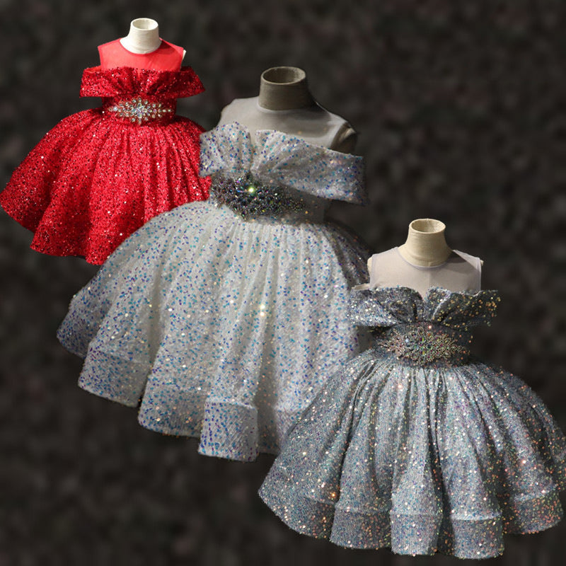 Girls' Sequined Ball Gown – Illusion Neck Sleeveless Knee-Length Dress for Special Occasions