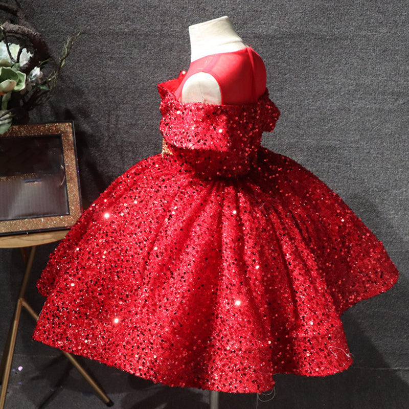 Girls' Sequined Ball Gown – Illusion Neck Sleeveless Knee-Length Dress for Special Occasions
