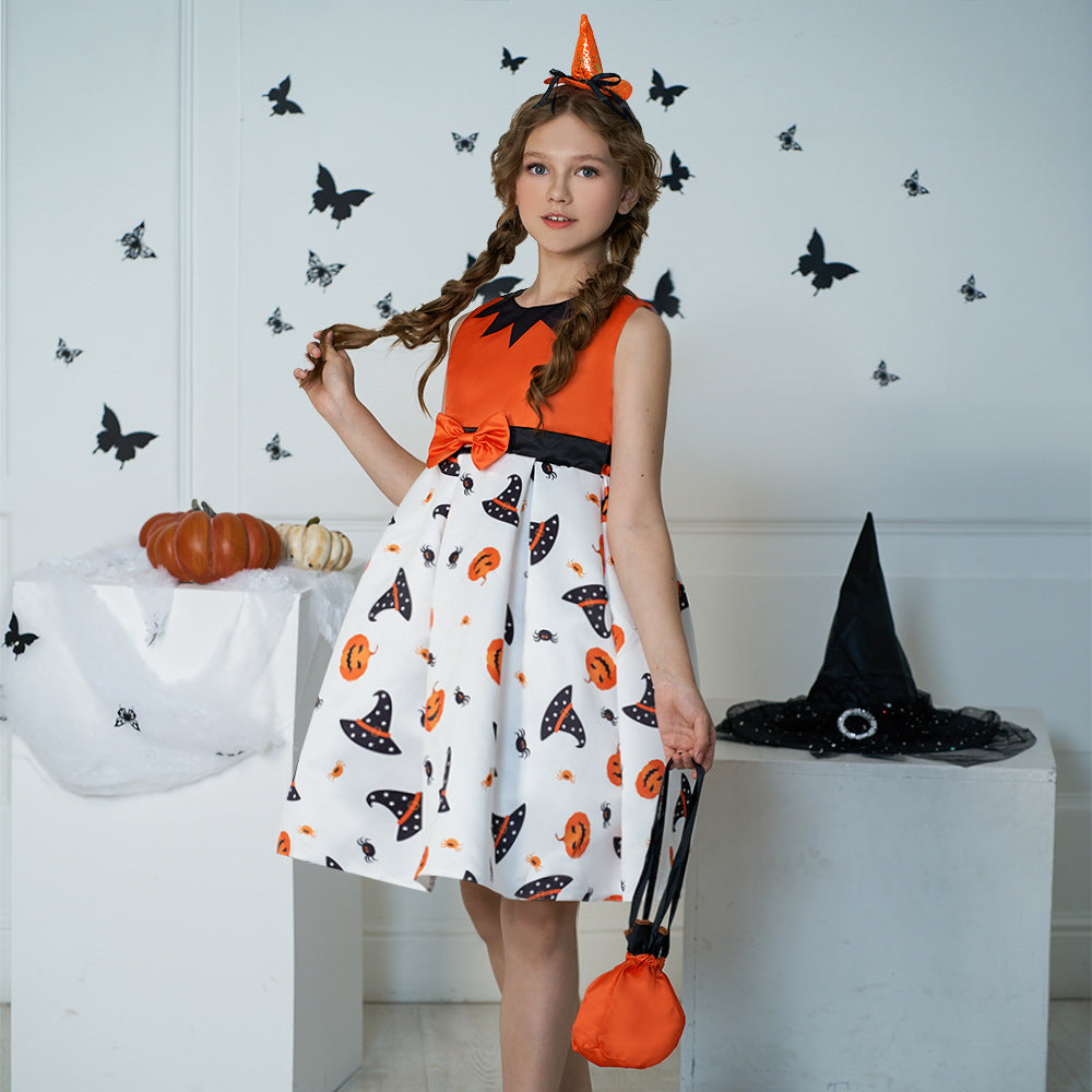 Girl's Orange Pumpkin Print Sleeveless Party Dress – A-Line Tea Length Outfit