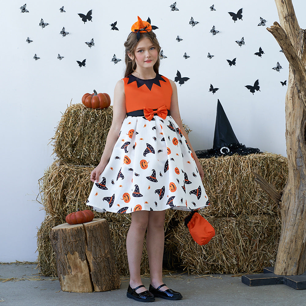 Girl's Orange Pumpkin Print Sleeveless Party Dress – A-Line Tea Length Outfit