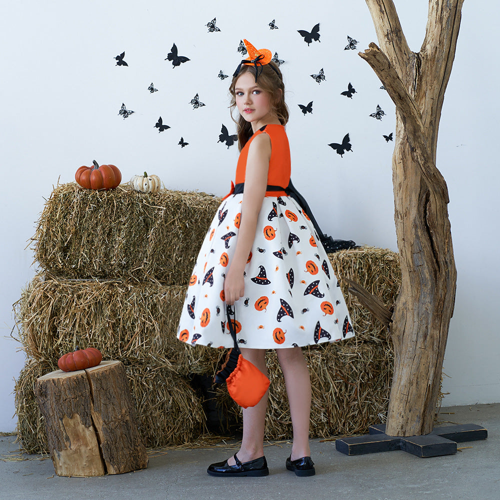 Girl's Orange Pumpkin Print Sleeveless Party Dress – A-Line Tea Length Outfit