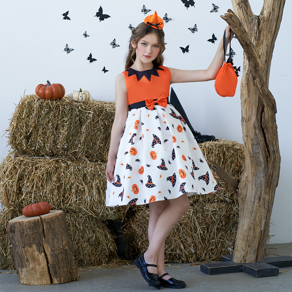 Girl's Orange Pumpkin Print Sleeveless Party Dress – A-Line Tea Length Outfit