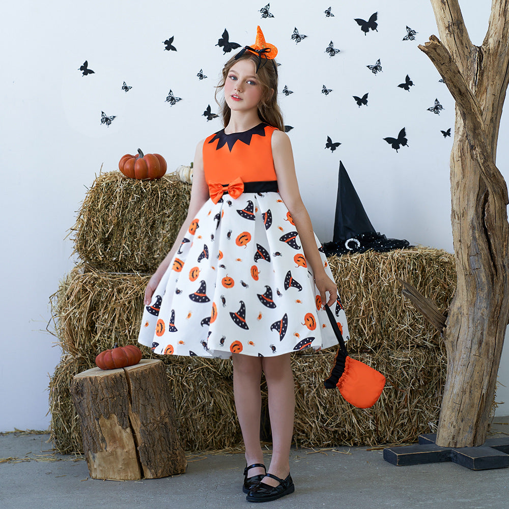 Girl's Orange Pumpkin Print Sleeveless Party Dress – A-Line Tea Length Outfit