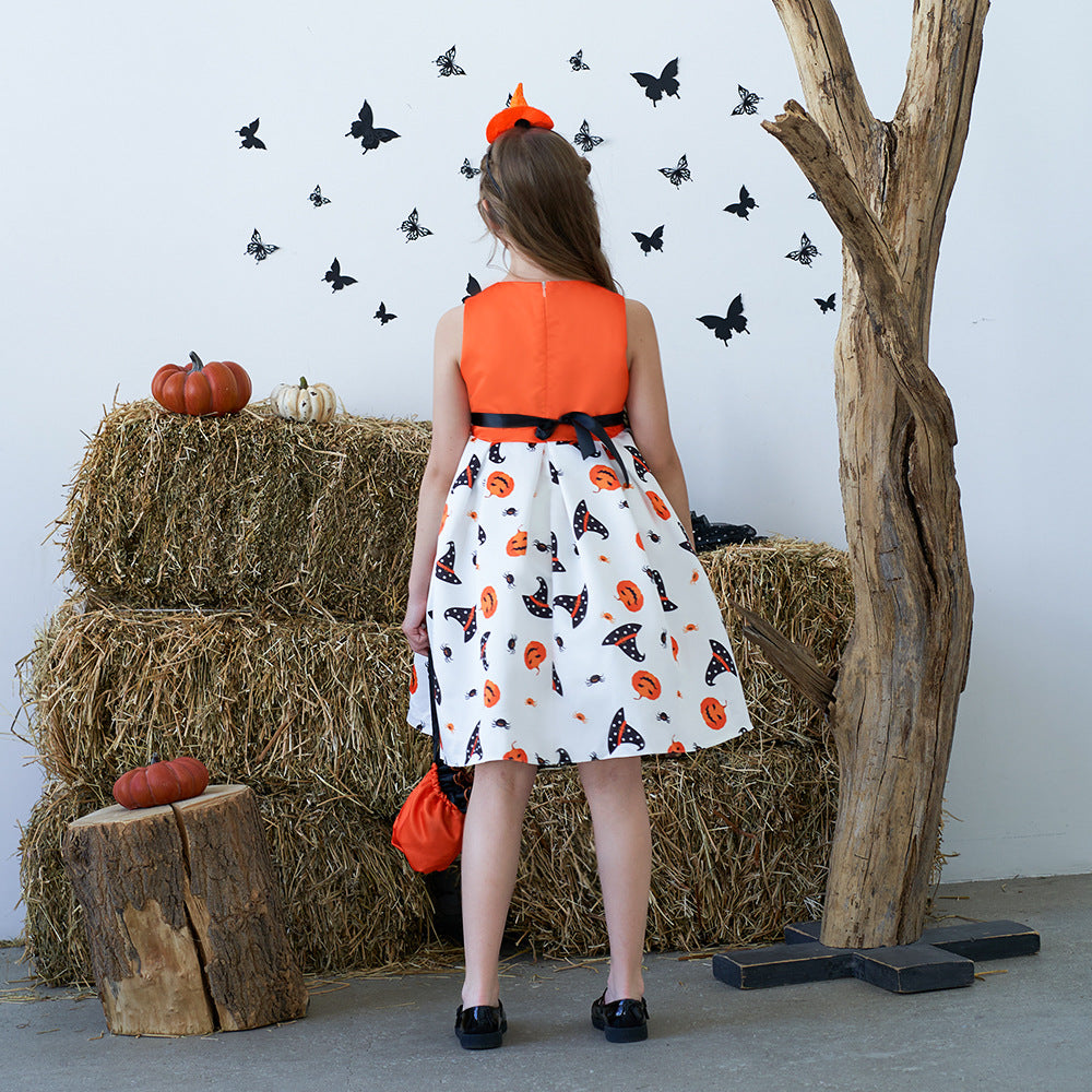 Girl's Orange Pumpkin Print Sleeveless Party Dress – A-Line Tea Length Outfit
