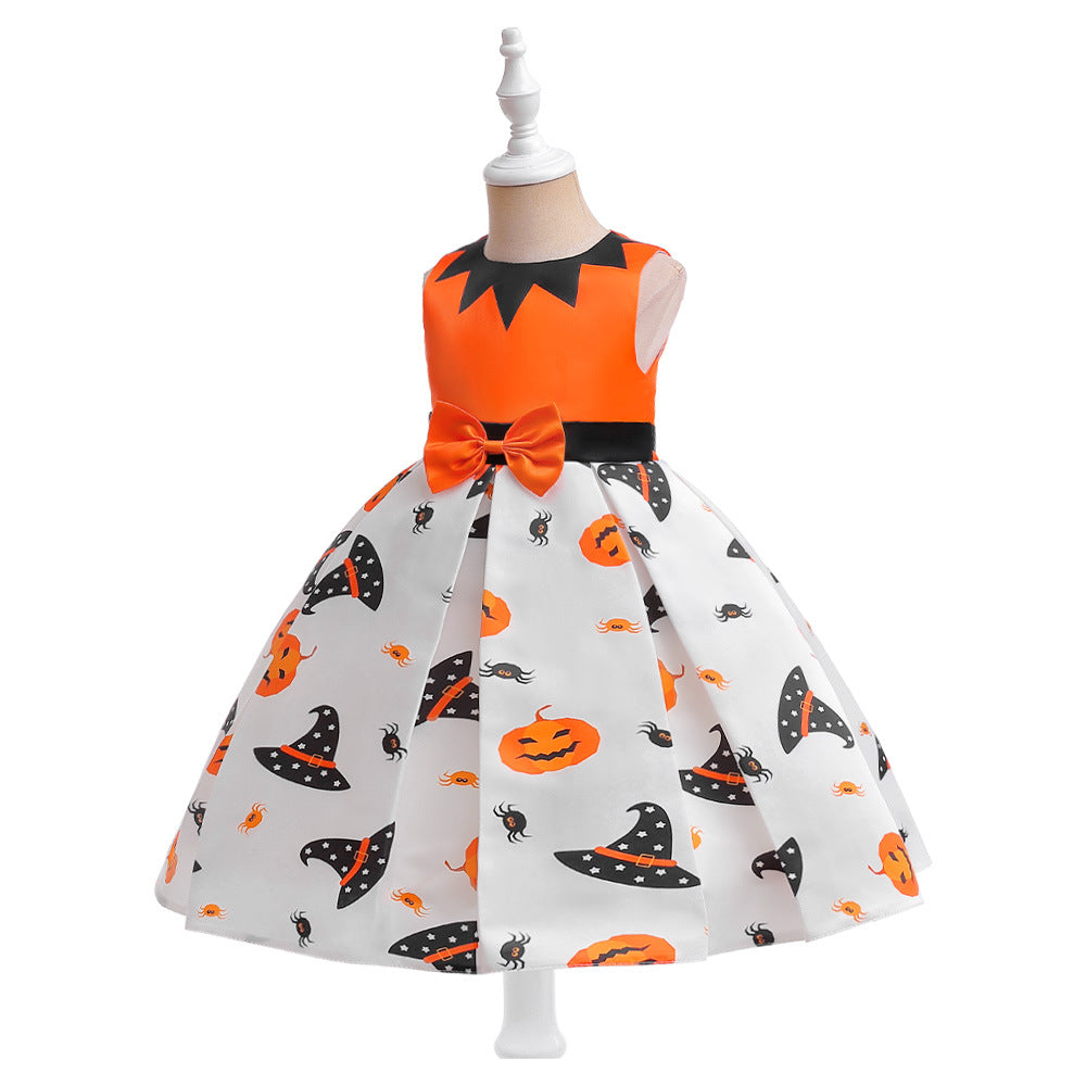Girl's Orange Pumpkin Print Sleeveless Party Dress – A-Line Tea Length Outfit