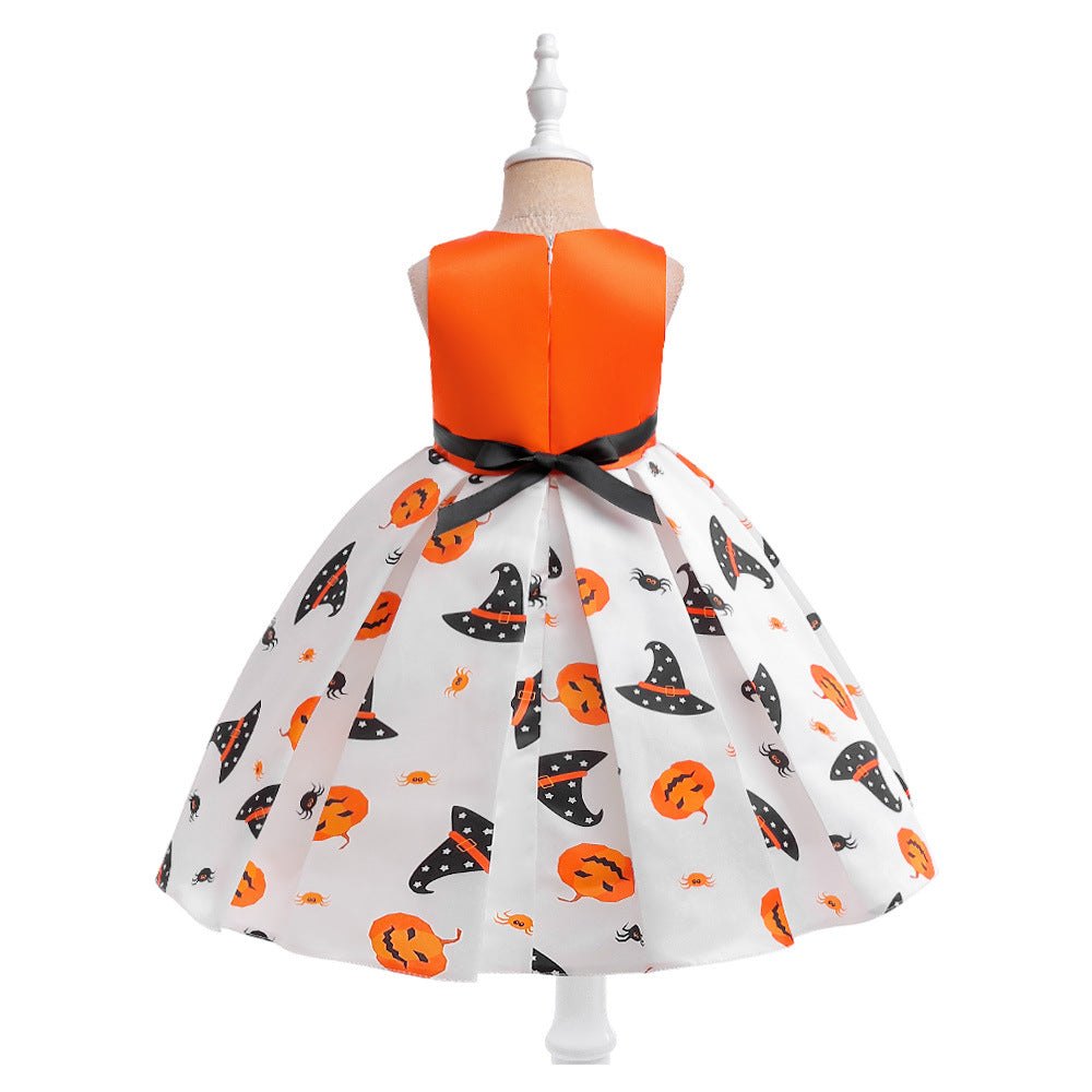 Girl's Orange Pumpkin Print Sleeveless Party Dress – A-Line Tea Length Outfit