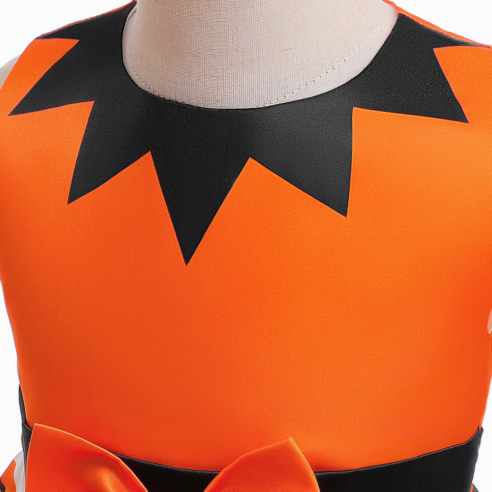 Girl's Orange Pumpkin Print Sleeveless Party Dress – A-Line Tea Length Outfit