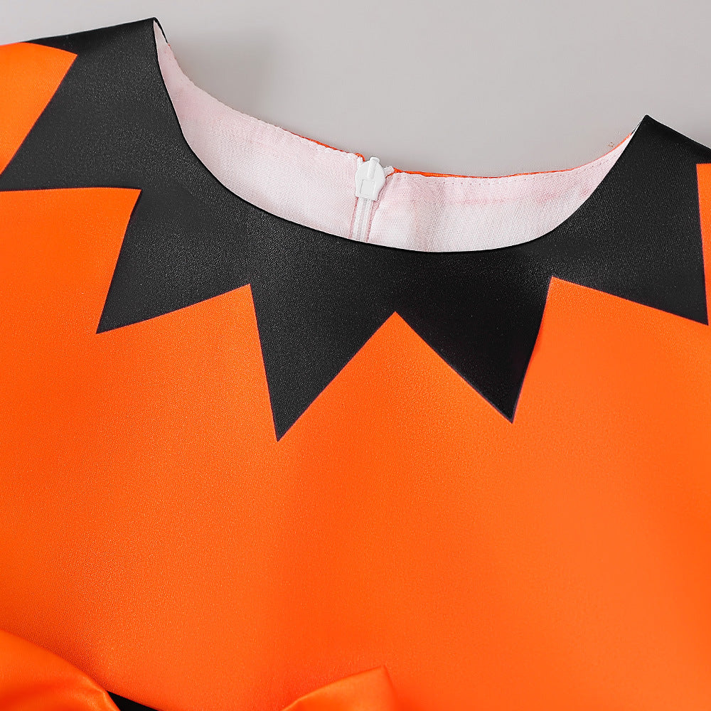 Girl's Orange Pumpkin Print Sleeveless Party Dress – A-Line Tea Length Outfit