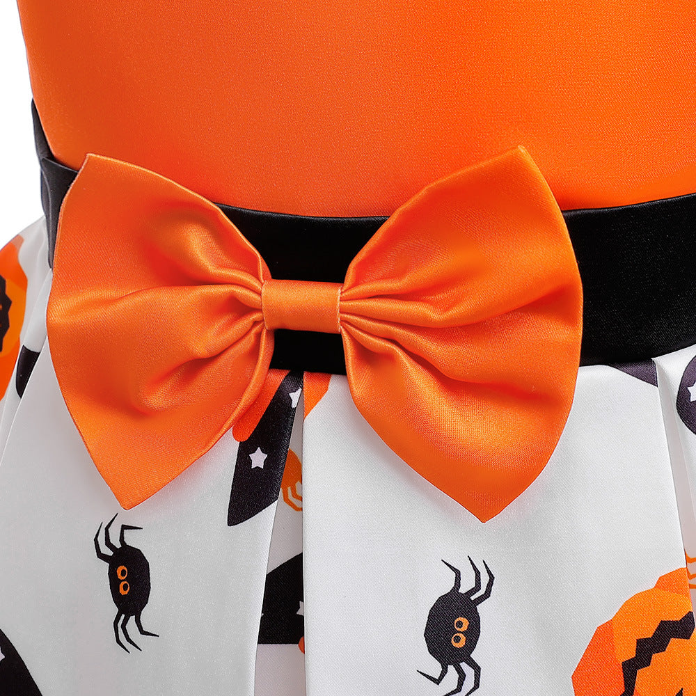 Girl's Orange Pumpkin Print Sleeveless Party Dress – A-Line Tea Length Outfit