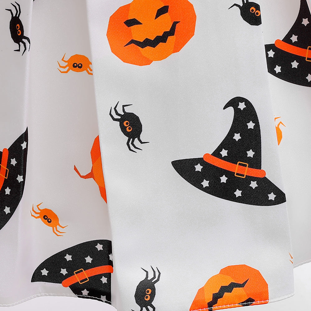 Girl's Orange Pumpkin Print Sleeveless Party Dress – A-Line Tea Length Outfit
