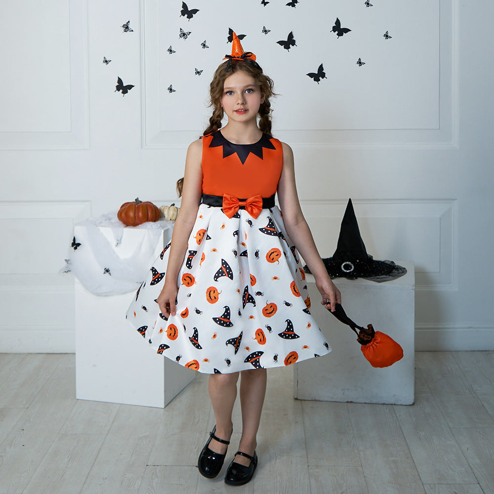 Girl's Orange Pumpkin Print Sleeveless Party Dress – A-Line Tea Length Outfit