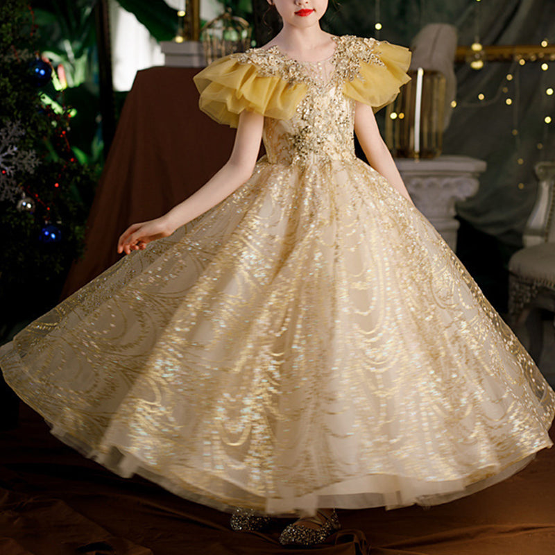 Gold A-line Floor-Length Flower Girl Dress with Sequins and Lace