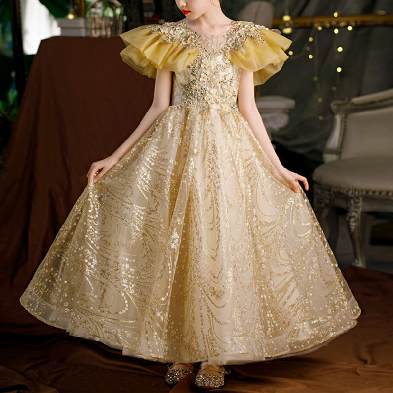 Gold A-line Floor-Length Flower Girl Dress with Sequins and Lace