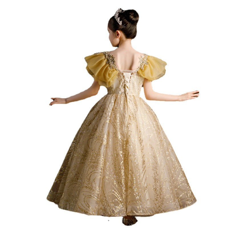 Gold A-line Floor-Length Flower Girl Dress with Sequins and Lace