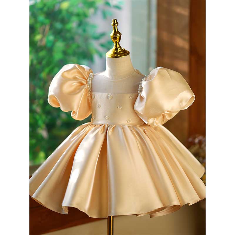 Gold Organza Princess Flower Girl Dress - Beaded Puff Sleeves