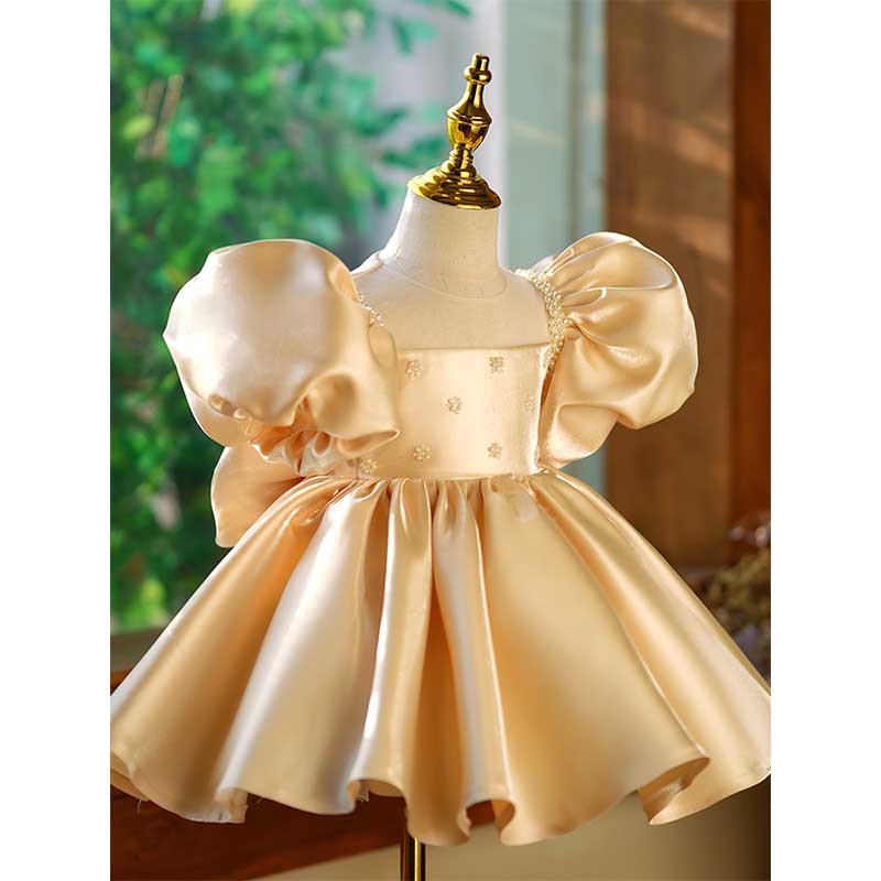 Gold Organza Princess Flower Girl Dress - Beaded Puff Sleeves