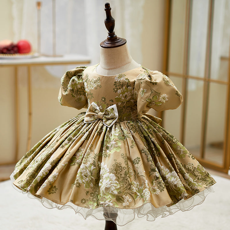Gold Princess Satin Flower Girl Dress with Puff Sleeves