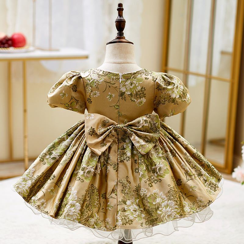 Gold Princess Satin Flower Girl Dress with Puff Sleeves