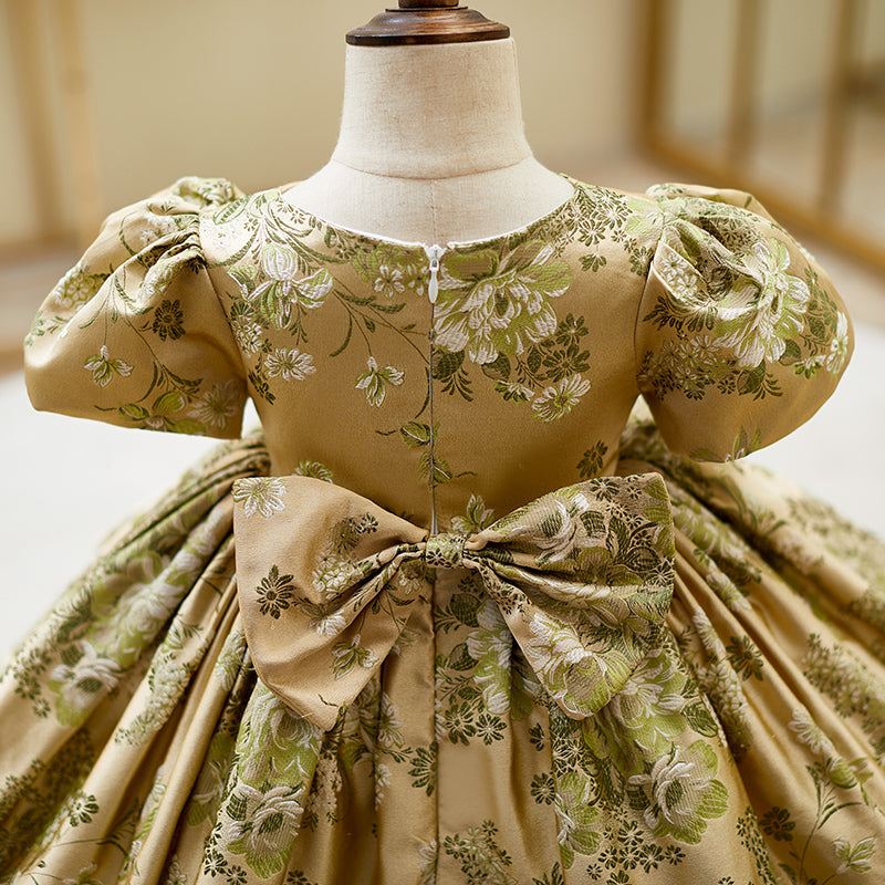 Gold Princess Satin Flower Girl Dress with Puff Sleeves