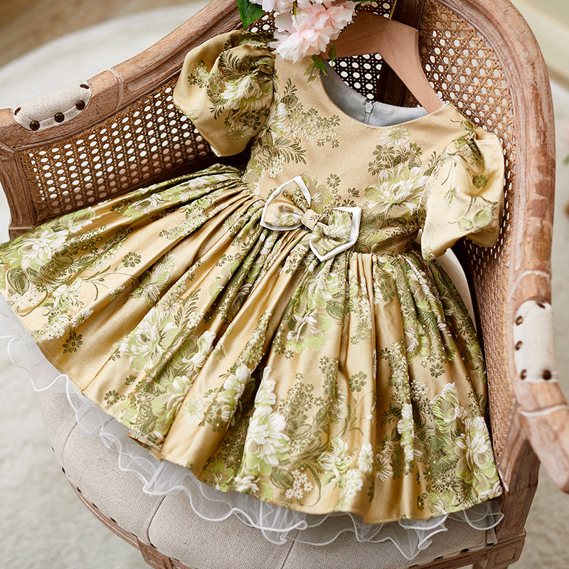 Gold Princess Satin Flower Girl Dress with Puff Sleeves