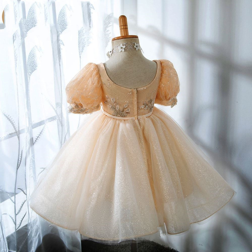 Gold Princess Tea-Length Flower Girl Dress with Lace Ruffles