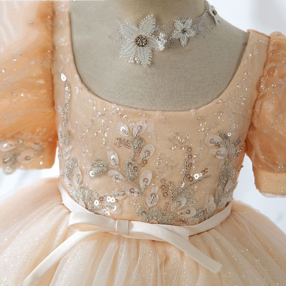 Gold Princess Tea-Length Flower Girl Dress with Lace Ruffles