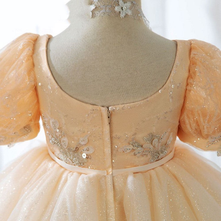 Gold Princess Tea-Length Flower Girl Dress with Lace Ruffles