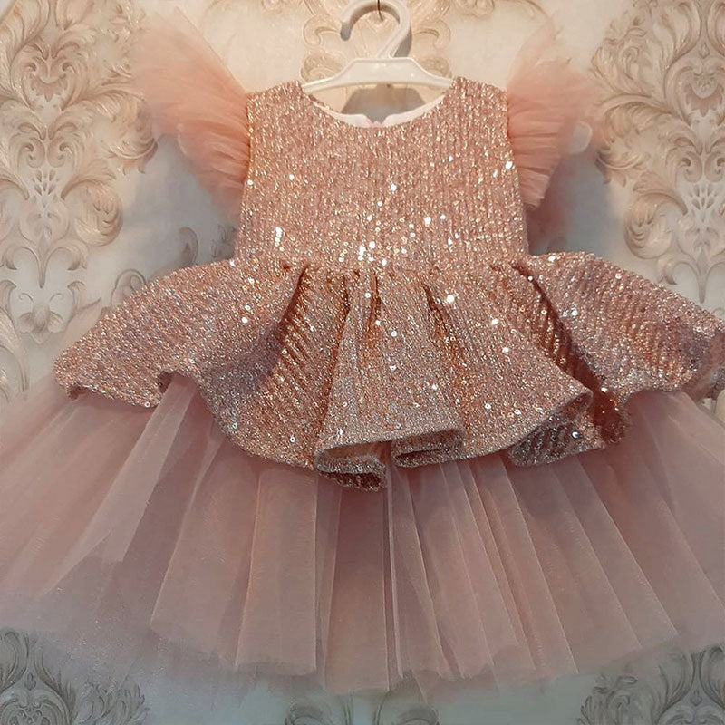 Gold Princess Tea-Length Flower Girl Dress with Ruffles and Bow