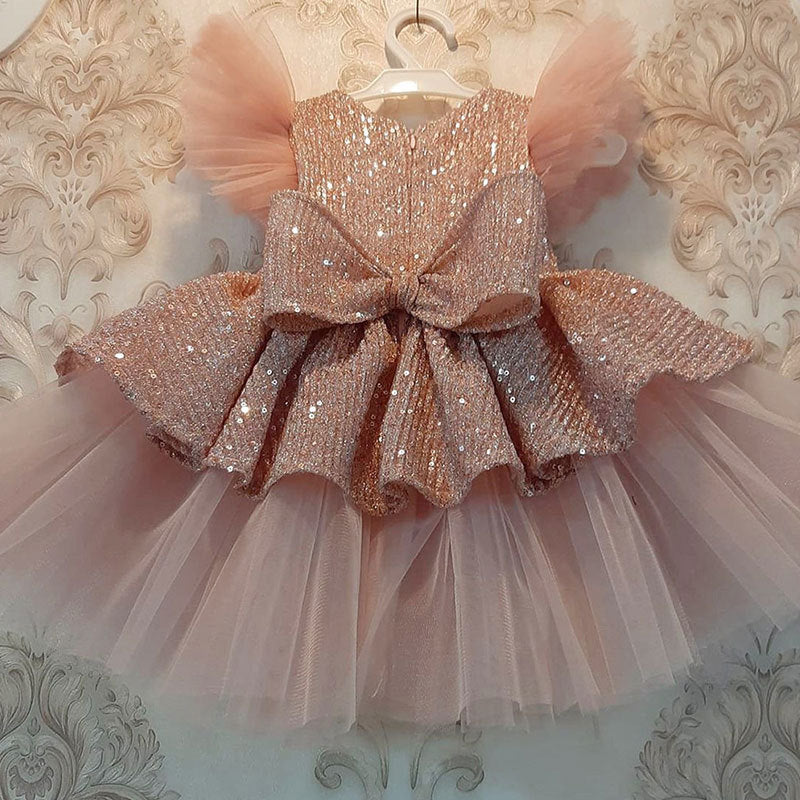 Gold Princess Tea-Length Flower Girl Dress with Ruffles and Bow