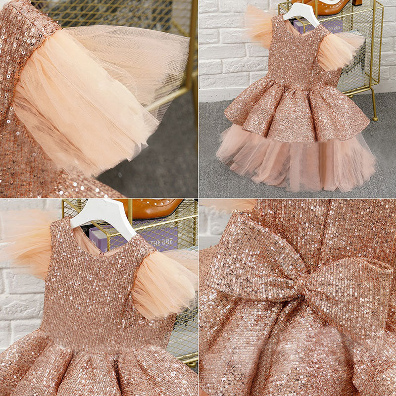 Gold Princess Tea-Length Flower Girl Dress with Ruffles and Bow