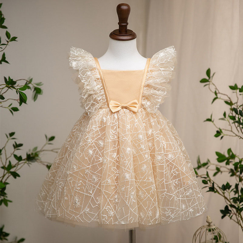 Gold Satin & Lace A-Line Flower Girl Dress - Tea Length