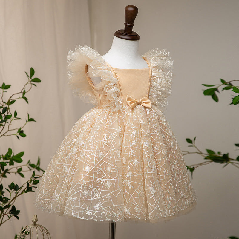 Gold Satin & Lace A-Line Flower Girl Dress - Tea Length