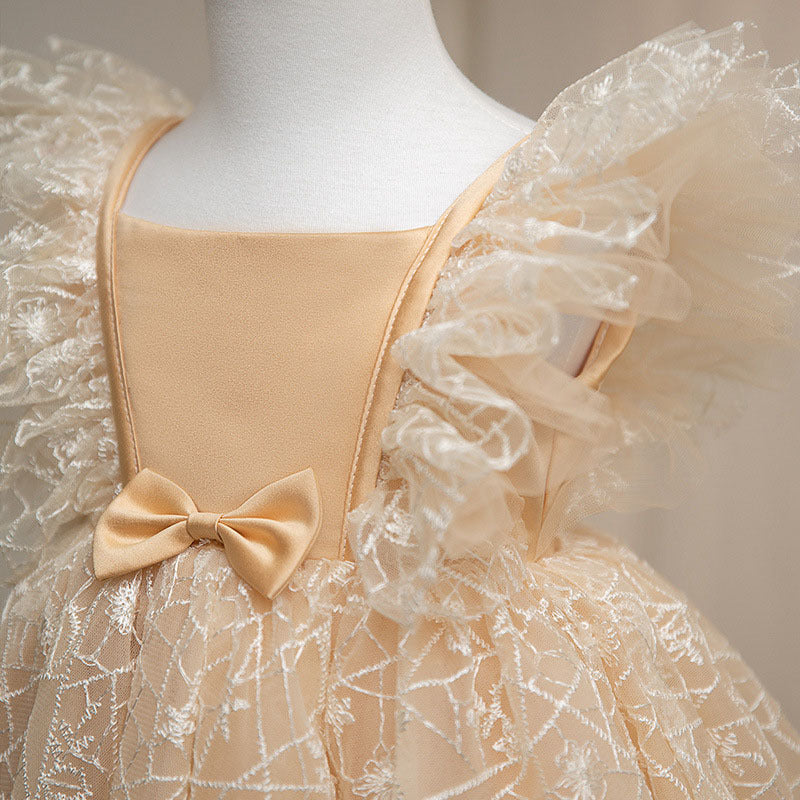 Gold Satin & Lace A-Line Flower Girl Dress - Tea Length