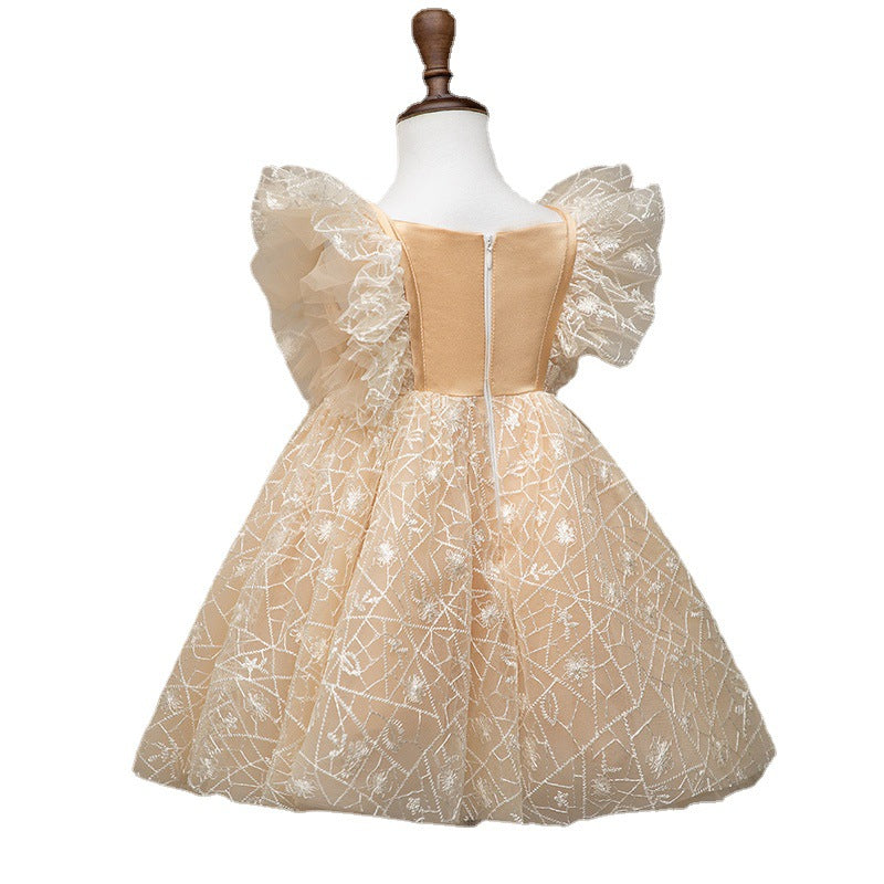 Gold Satin & Lace A-Line Flower Girl Dress - Tea Length