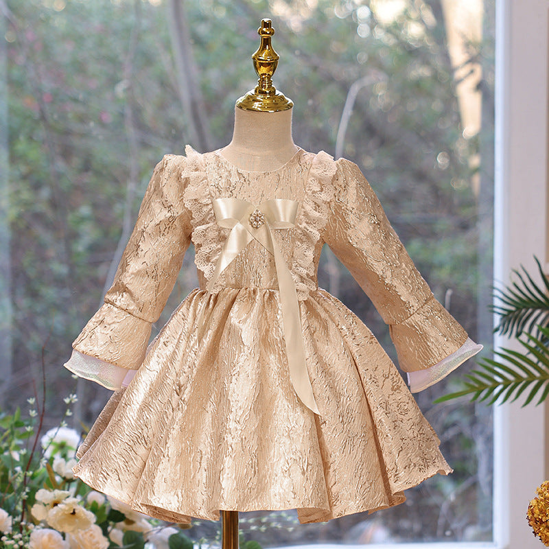 Gold Satin Flower Girl Dress | Lace Ruffle Long Puff