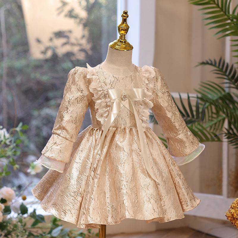 Gold Satin Flower Girl Dress | Lace Ruffle Long Puff