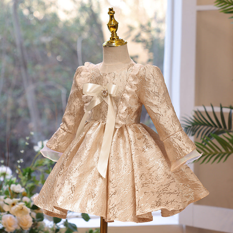 Gold Satin Flower Girl Dress | Lace Ruffle Long Puff