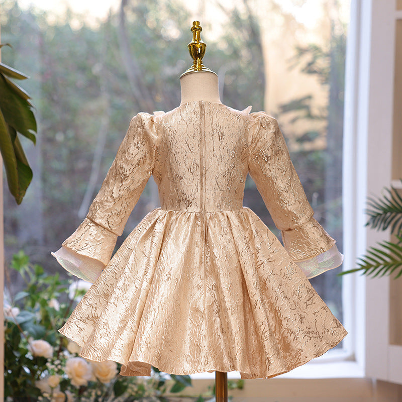 Gold Satin Flower Girl Dress | Lace Ruffle Long Puff