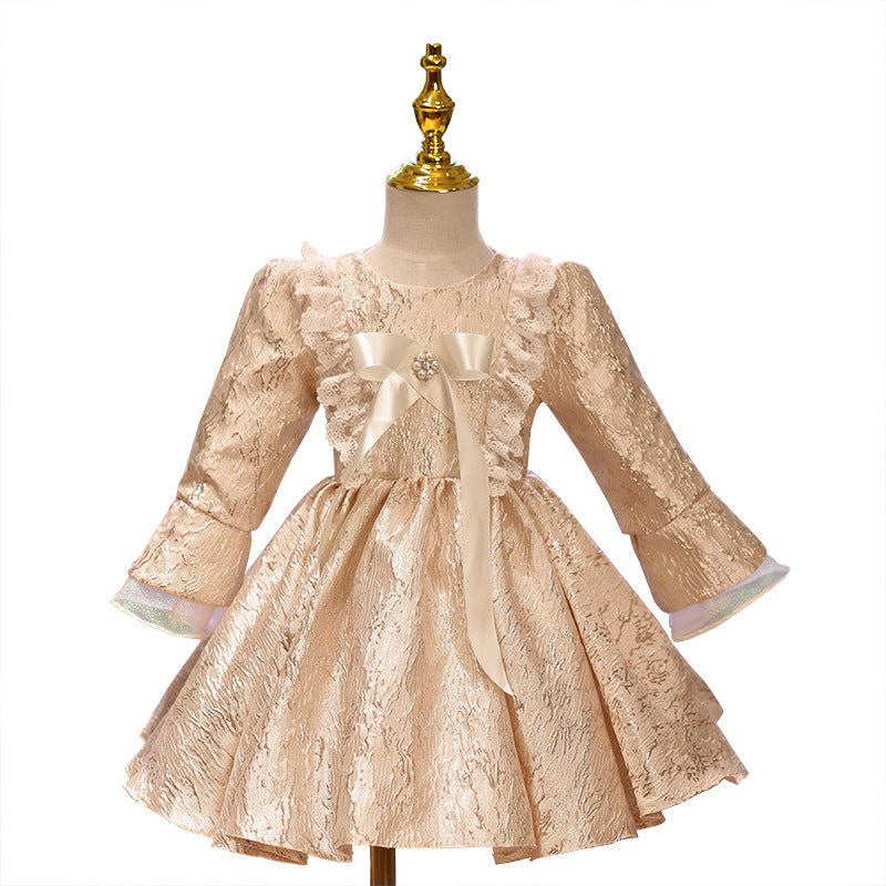 Gold Satin Flower Girl Dress | Lace Ruffle Long Puff