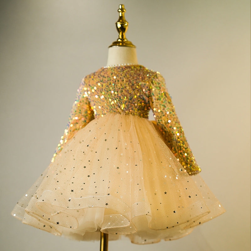 Gold Sequin A-Line Flower Girl Dress Beaded Long Sleeve Tea