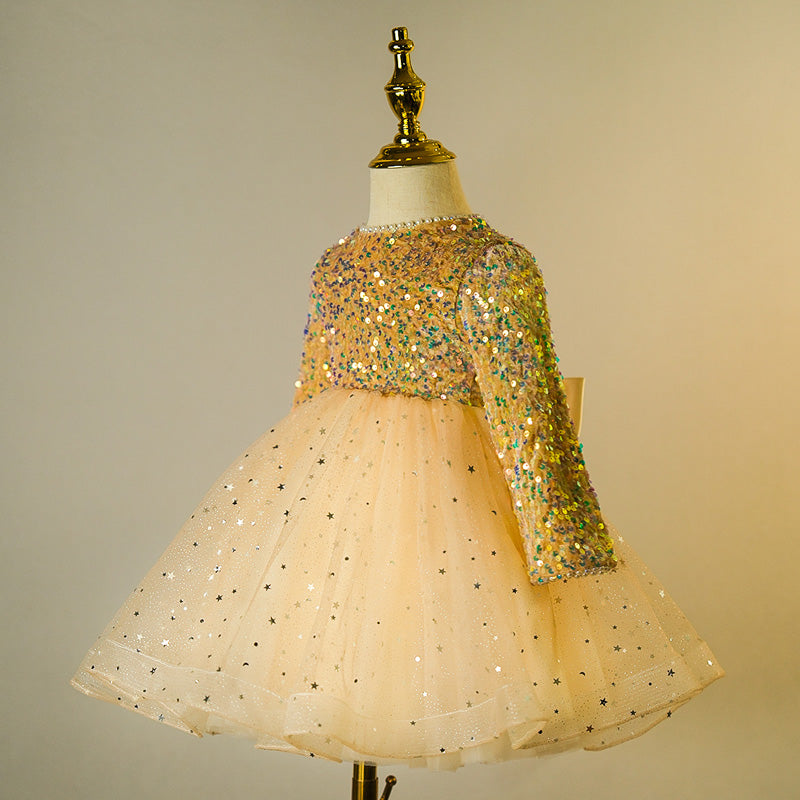 Gold Sequin A-Line Flower Girl Dress Beaded Long Sleeve Tea
