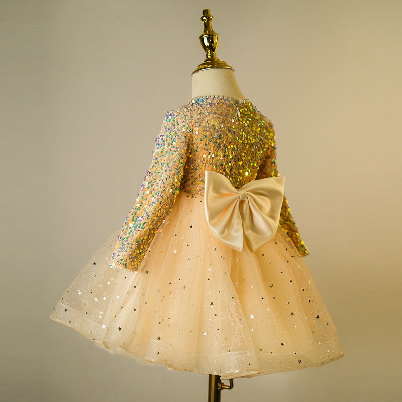 Gold Sequin A-Line Flower Girl Dress Beaded Long Sleeve Tea