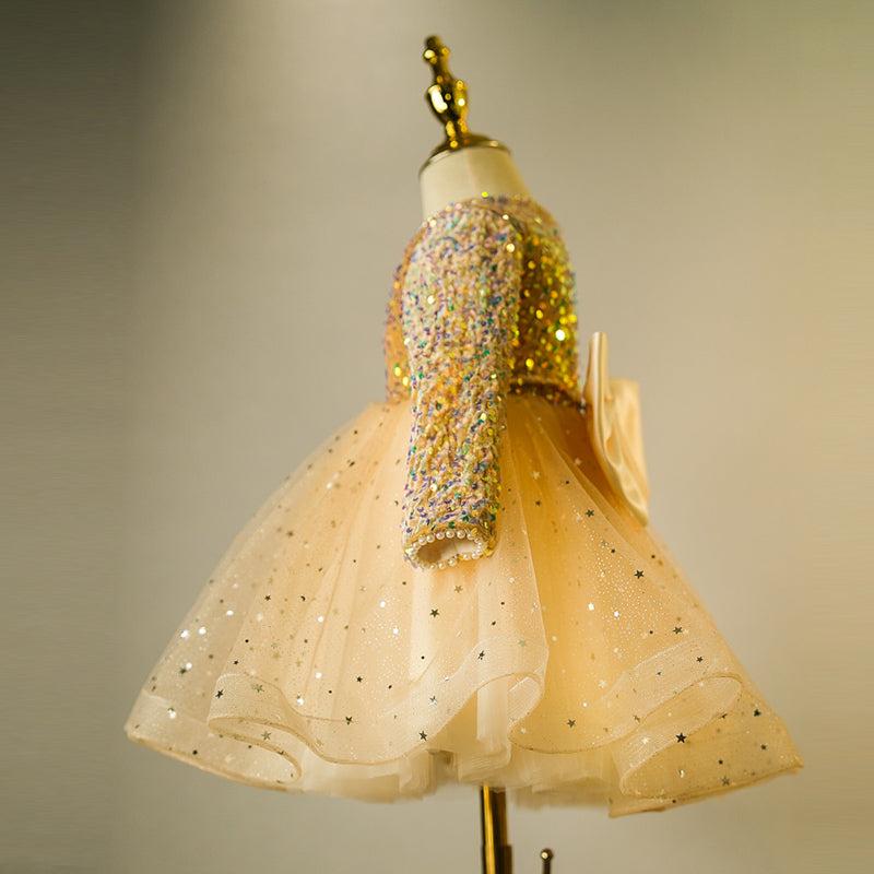 Gold Sequin A-Line Flower Girl Dress Beaded Long Sleeve Tea